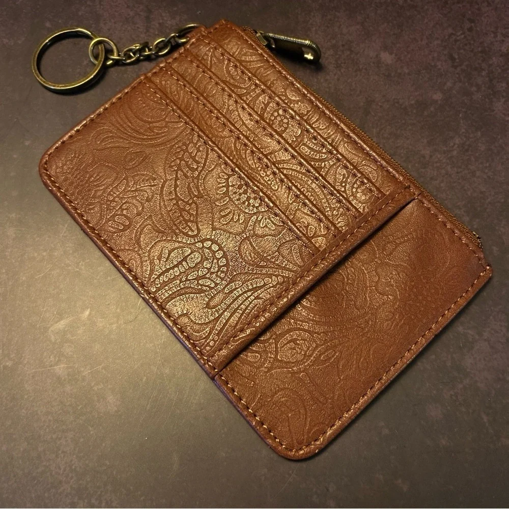 Brown Embossed Card Holder with Keychain
